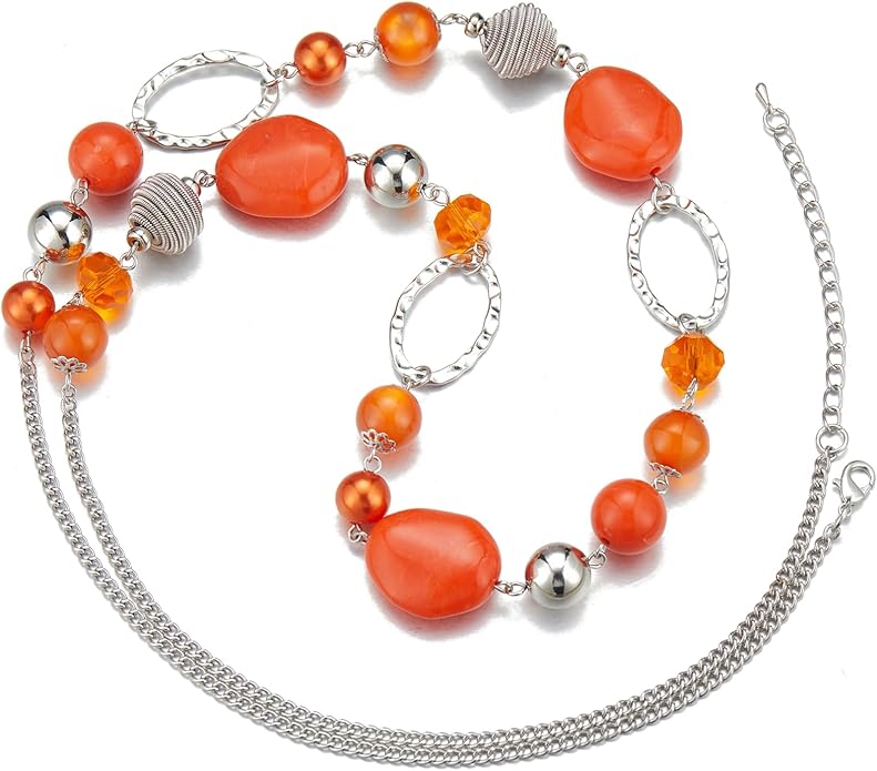 BULINLIN Beaded Long Necklace for Women Silver Sweater Chain Necklace with Crystal Resin Beads, Fashion Jewelry Necklace