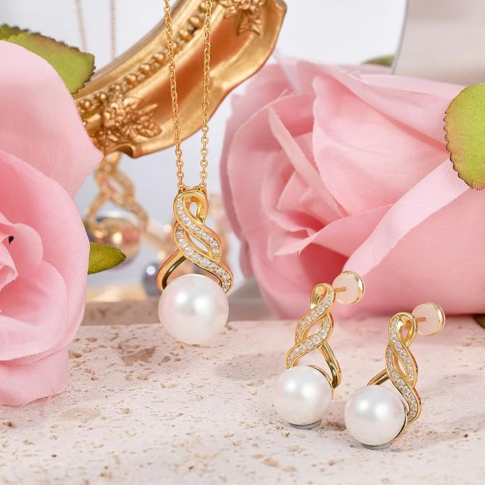 Gifts for Women-Pearl Necklace and Earring Set -925 Sterling Silver Jewelry Set- Birthday Valentines Day Anniversary or Christmas Gifts for Wife