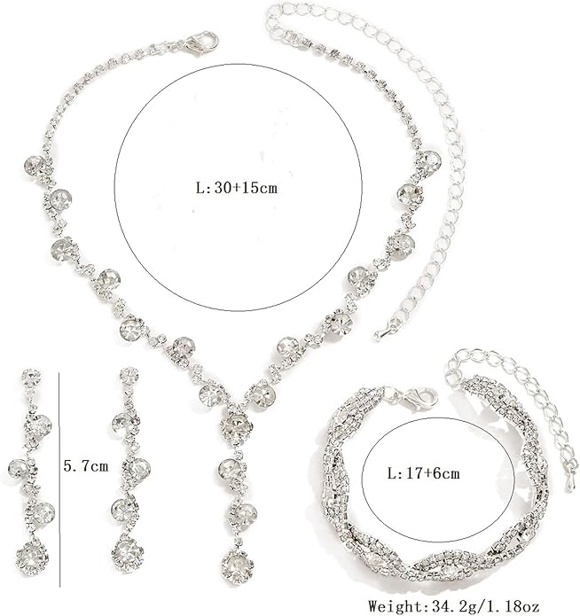PINK TOWN Vintage Rhinestone Bridal Jewelry Sets,Crystal Wedding Prom Earrings Necklace Bracelet Set Fashion Zircon Bride Jewelry Dress Accessories for Women