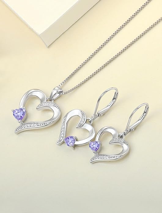 YL Heart Necklace 925 Sterling Silver Love Heart Pendant Birthstone Jewelry for Women