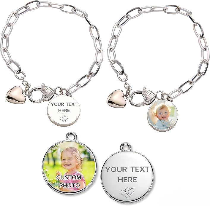 WBW Custom Photo Charm Bracelet for Women Personalized Picture Bracelet with Cute Heart Pendant Customizable Jewelry Chain Name Date Text Valentine‘s Day Gift for Her Girlfriend Wife