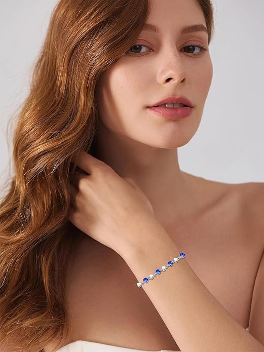 Birthstone Charm Link Bracelet 925 Sterling Silver Rose/Heart/Mom Bracelet with 12 Months Birthstone Mother's Day Gift Jewelry Gifts for Women,Chain Length 7"+2" Extend