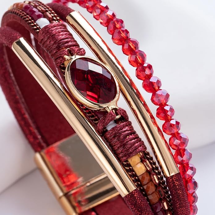 FANCY SHINY Leather Wrap Bracelets Crystal Beads Bracelet Boho Cuff Stone Charm Bracelets with Clasp Costume Jewelry for Women