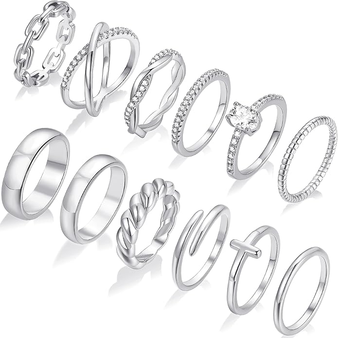 FAXHION 12 PCS Dainty 14K Gold Rings for Women, Eternity Open Chunky Twist Simulated Diamond Criss Cross Designs, Non Tarnish Gold Plated Stacking Thumb Ring, Perfect for Wedding Bands Size 5-11