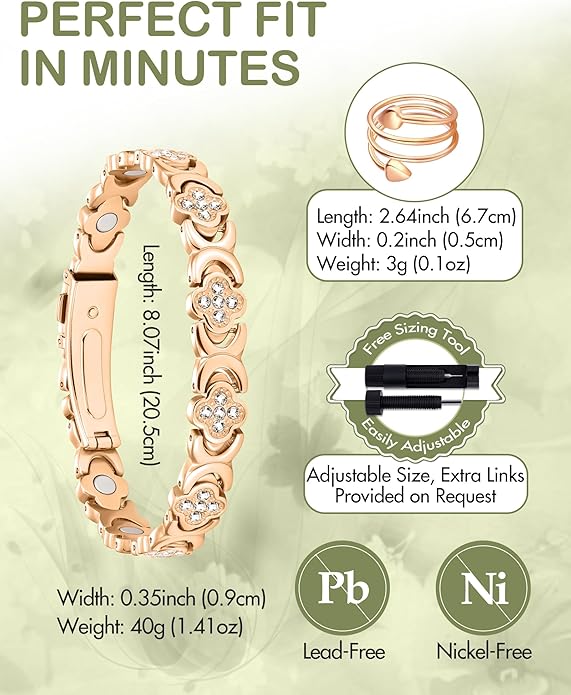 Feraco Pure Copper Bracelets & Rings for Women, Ultra Strength Magnetic Bracelet for Women with Neodymium Magnets & Sparkling Cubic Zirconia, Adjustable, Infinite Clover Jewelry
