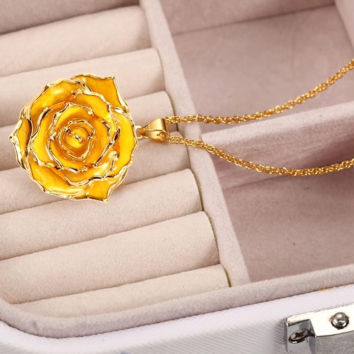 AliveRose Real Rose Gold Dipped Necklace Gifts for Women, 24K Gold Dipped Rose Pendant Necklace Jewelry Mothers Day Anniversaries Birthday Christmas Special Occasions Gifts for Her Mom Wife