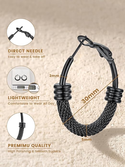 KeyStyle Mesh Hoop Earrings for Women, Stainless Steel Gold Hoops Earring Lightweight Loops, 2MM Thick Hypoallergenic Circle Endless Hollow Hoop 20mm-80mm