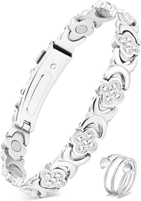 Feraco Pure Copper Bracelets & Rings for Women, Ultra Strength Magnetic Bracelet for Women with Neodymium Magnets & Sparkling Cubic Zirconia, Adjustable, Infinite Clover Jewelry