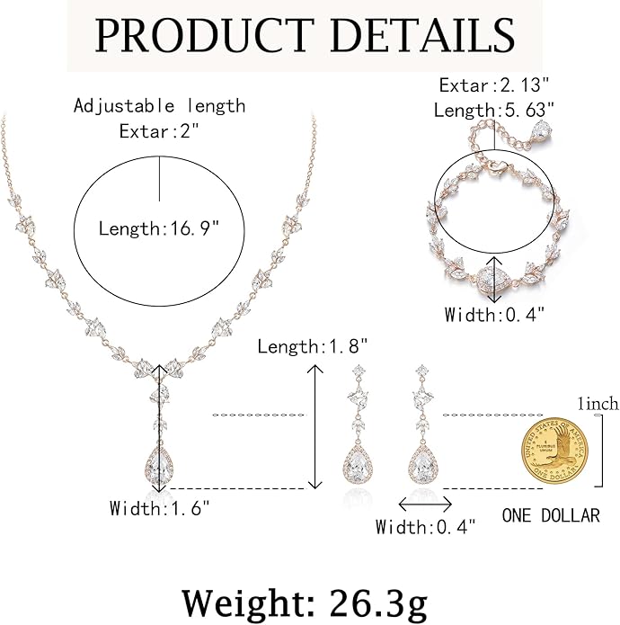 Crysdue Teardrop Bridal Jewelry Set for Wedding Party, Silver/14K/Rose Gold Plated Prom Costume Jewellery for Bride Bridesmaids Women, Cubic Zirconia Necklace Dangle Earrings Bracelet