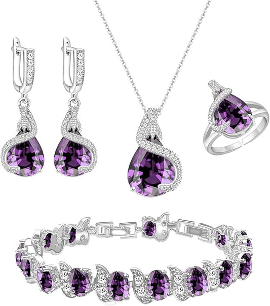 GZWHD Jewelry Set for Women Water Drop Cubic Zirconia Artificial Crystal Earrings Pendant Necklace Open Ring Tennis Bracelet Wedding Anniversary Birthday Engagement Gift for Bridesmaid Wife Girlfriend Friend