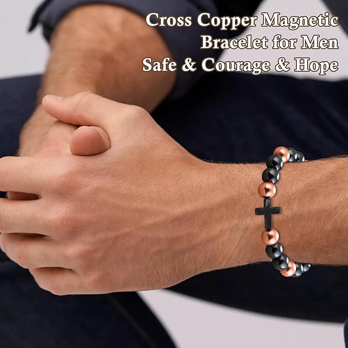 Copper Magnetic Bracelet for Men, Copper Bracelet with 3500 Gauss Magnetic Beads Cooper Christian Cross Jewelry Parents Anniversary Pulsera de Cobre Para Hombres Husband Valentines Day Gifts