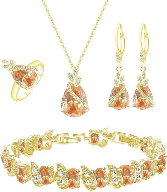 GZWHD Jewelry Set for Women CZ Earrings Necklace Ring Bracelet Set Prom Party Wedding Jewelry Gift for Mother Friend Wife