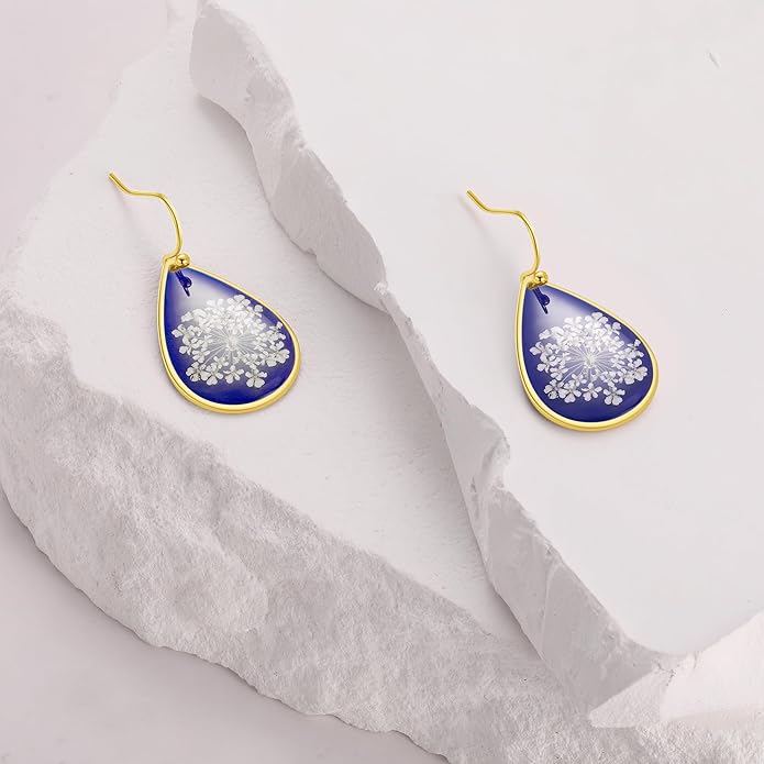 Forget-Me-Not and Queen Anne's Lace Pressed Wildflower Earrings | Pressed Flower Earrings | Handmade Drop and Dangle Earrings | Gift for Woman