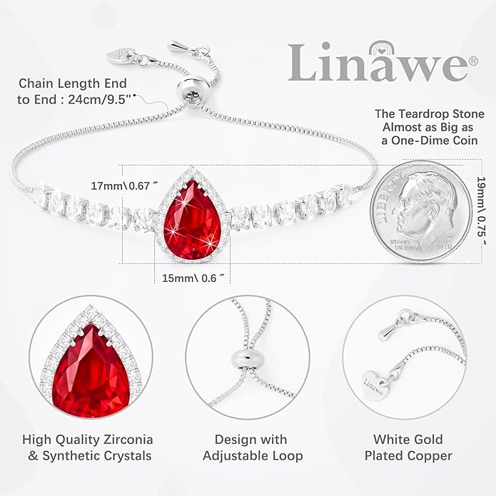 Linawe Crystal Imitation Diamond Rhinestone Charm Bracelets for Women, Gold/Silver/Rose Gold Adjustable Chain Bracelet, Teardrop Birthstone Cubic Zirconia Prom Costume Wedding Jewelry