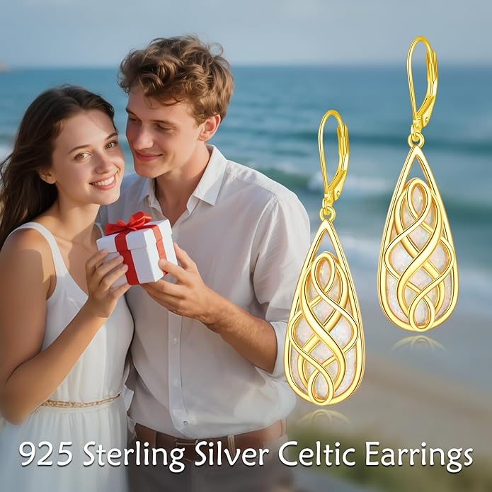 VONALA White Opal Celtic Knot Dangle Drop Earrings for Women 925 Sterling Silver Boho Chic Jewelry Gift for Women