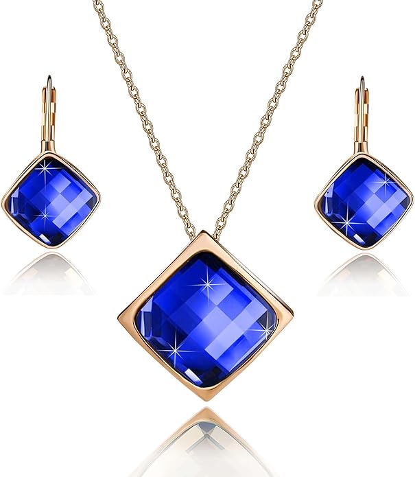 EVEVIC Square Austrian Crystal Necklace Earrings for Women Fashion 18K Gold Plated Hypoallergenic Jewelry Set