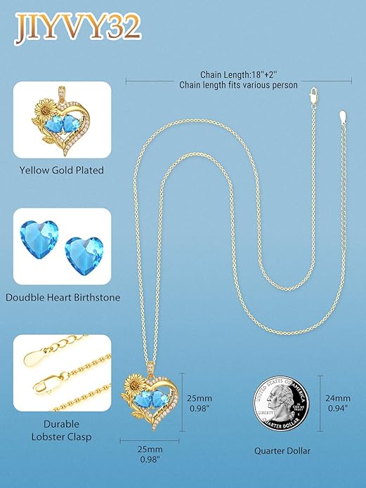 Sunflower Heart Necklace for Women 14K Gold Exquisite Valentines Day Anniversary Birthday Gifts for Wife Mother Her Double Birthstone Pendant Jewelry‘You Are My Sunshine’