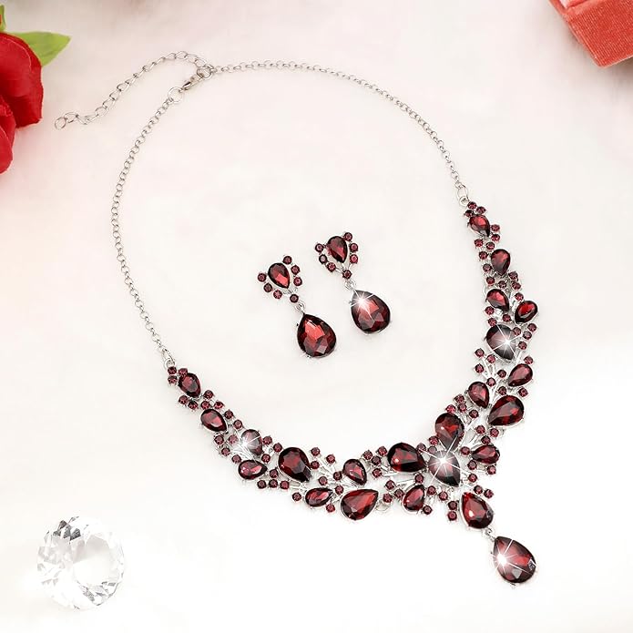 Hicarer Bridal Teardrop Cluster Crystal Jewelry Set for Women Necklace Earrings Wedding