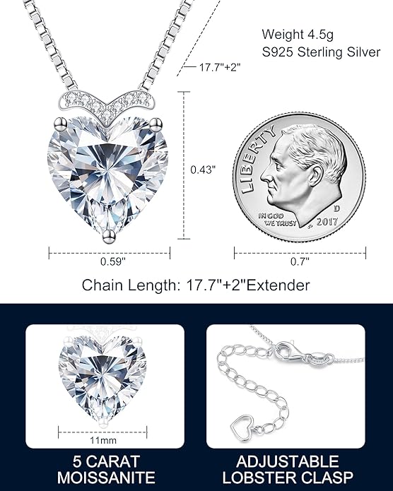 Forever Love Heart Pendant Necklaces for Women, 2-5 Carat Heartshape Moissanite Sterling Silver Pendant Jewelry, Ideal Anniversary Present or Birthday Gifts for Wife Her Girlfriend Mom Daughter