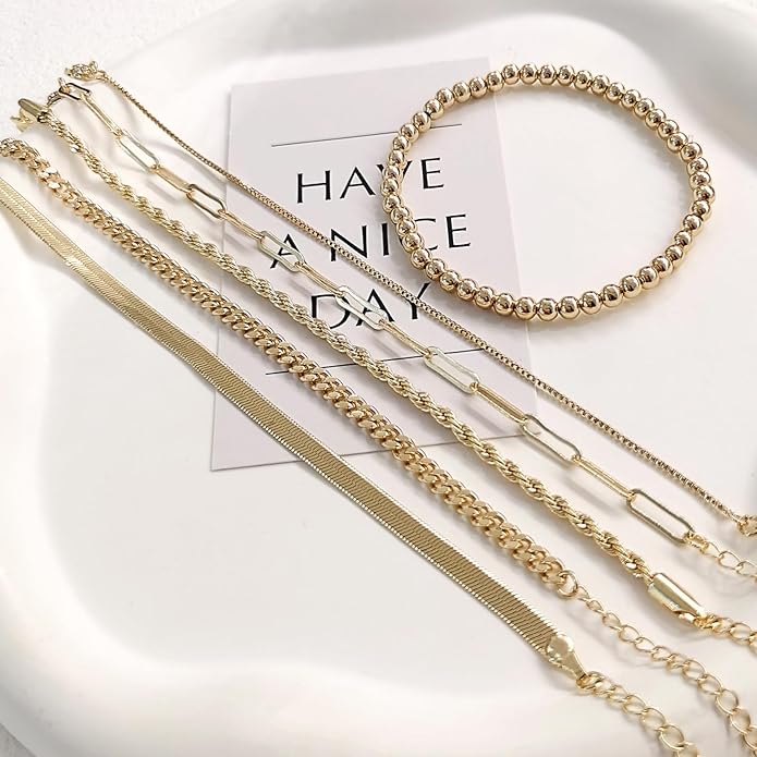 Gold Bracelets for Women 18k Gold Plated Bracelet Stack Bangle Cuff Bracelet Set for Women Non Tarnish Beaded/Paperclip/Cuban Link Chain Bracelets Jewelry for Women Trendy