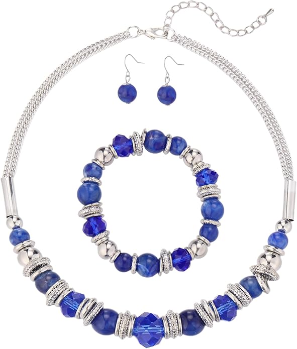 PEARL&CLUB Silver Beaded Statement Necklaces for Women Chunky Bead Necklace Bracelet and Earring Costume Jewelry Sets Gifts for Mom