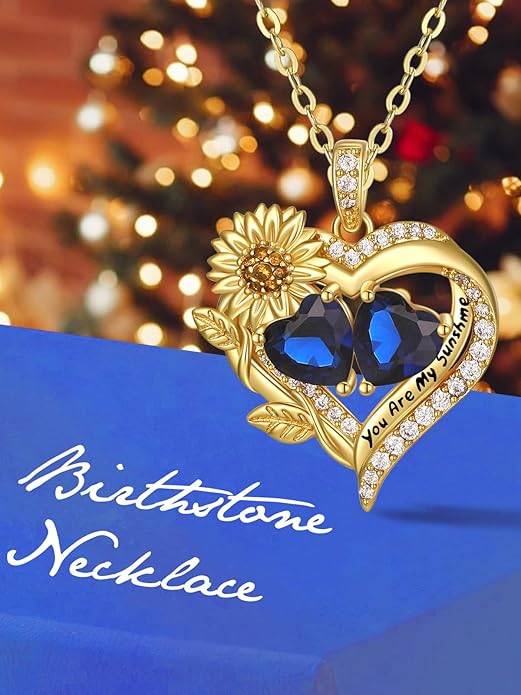 Sunflower Heart Necklace for Women 14K Gold Exquisite Valentines Day Anniversary Birthday Gifts for Wife Mother Her Double Birthstone Pendant Jewelry‘You Are My Sunshine’