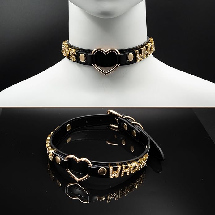Handmade Gold Heart O-Ring Letter Choker Necklace for Women, Adjustable PU Leather Black/Pink Choker Collar For Women, Goth Choker Collars Necklace
