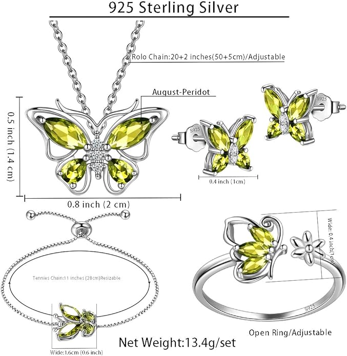 925 Sterling Silver Birthstone Butterfly Jewelry Women Crystal Animal Cute Butterflies Birthday Necklace/Earring/Ring/Bracelet Sets Birth Stone Statement Anniversary Jewellery