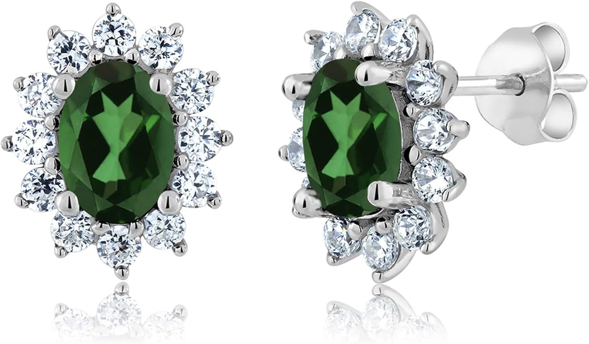 Gem Stone King 7X5MM Oval Gemstone Birthstone Stud Earrings For Women | Princess Diana Royal Halo Style | 925 Sterling Silver | Fine Jewelry Gifts for Anniversary Wedding Her Mom Women Wife