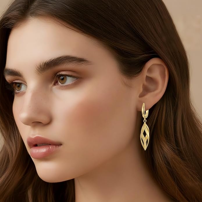 Gold Hoop Earrings 14K Gold Hoop Earrings for Women Dangle Drop Earring for Women Rhombic Twisted Hollow Shape Gold Drop Earring for Womens Dangling 40mm