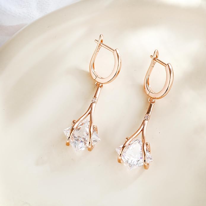 Dangle Earrings for Women Suited for Women Ladies' Trendy CZ Earring 14KGold/Silver Plated Dangling Earrings Jewelry Anti-allergy Hammered Lever-Back Drop Birthday Gift