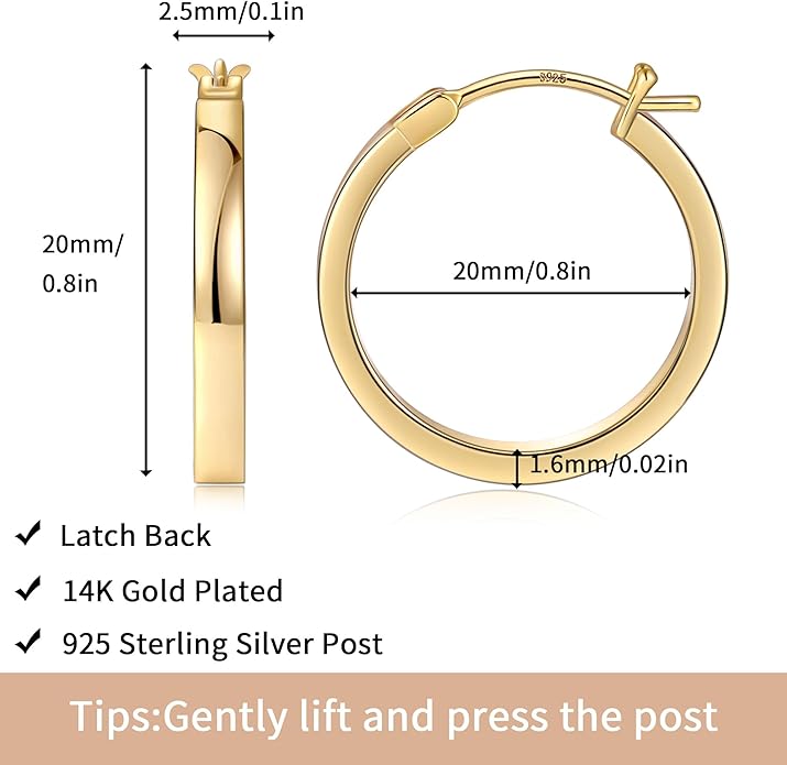 Gacimy Flatted Hoop Earrings for Women 14K Gold Plated with 925 Sterling Silver Post