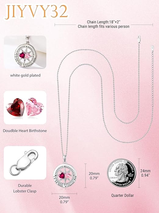 Compass Necklace for Women, Exquisite S925 Valentines Day Anniversary Birthday Gifts for Wife Her Double Birthstone Pendant Jewelry ‘I'd be Lost Without You’
