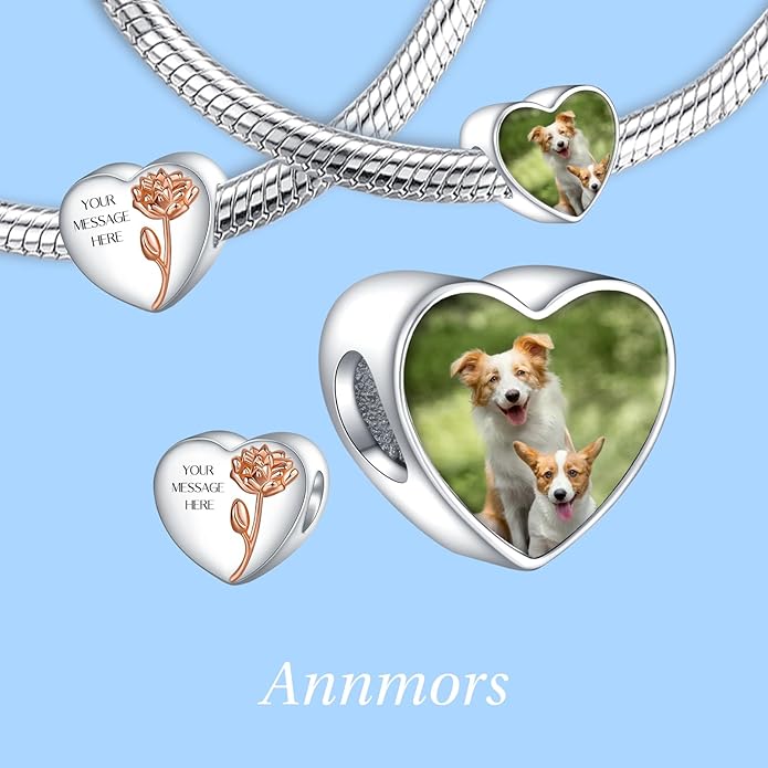 Annmors Personalized Photo Charm for Bracelet Necklaces,925 Sterling Silver Charm Love Heart Shaped Engraved Customize Picture Gift for Birthday Mother's Day Christmas,Bead Charms Jewelry for Women