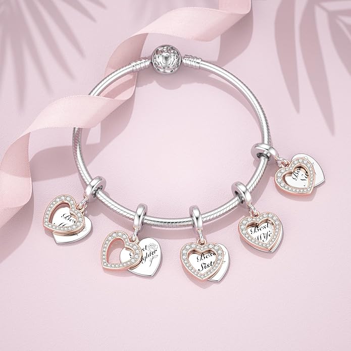 JIAYIQI Mother Sister Daughter Wife Charms Fit Charms Bracelet Necklace with Double Heart Love Charms 925 Sterling Silver Beads for Women Jewelry