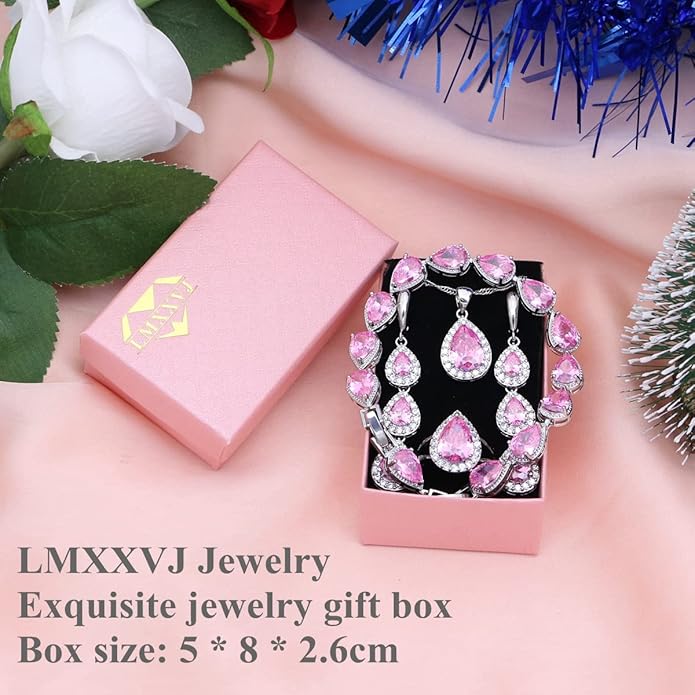LMXXVJ Necklace Long Earrings Bracelet Set, White Gold Plated Created Blue Sapphire Jewelry Set Wedding Party Gift Jewelry for Women Bridal Bridesmaid