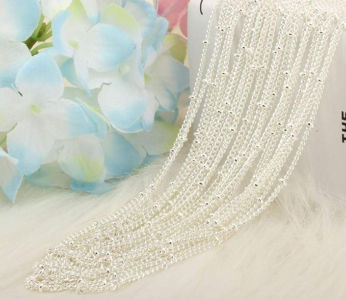Wholesale 12PCS Silver Plated Brass Curb Chain Satellite Beaded Chains Bulk for Jewelry Making (30 Inch(1.5mm))