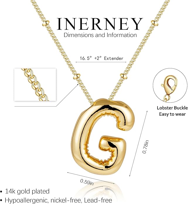 Inerney Valentines Day Gifts Gold Bubble Letter Necklace Initial Necklaces for Women, Chunky 14K Plated Balloon Initials, Trendy Charm Non Tarnish Custom Name Pendant Jewelry Gifts for Mom