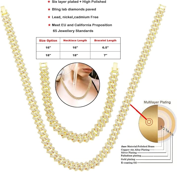 HH BLING EMPIRE 14k Gold/Silver Cuban Link Chain for Women Iced Out Diamond Chunky Cuban Link Necklace Chain Bracelet 2pcs Sets