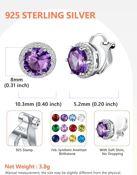 Silvora 925 Silver 8MM Cubic Zirconia Birthstone Clip On Stud Earrings Round Non Pierced Earrings For Women,Come with Box
