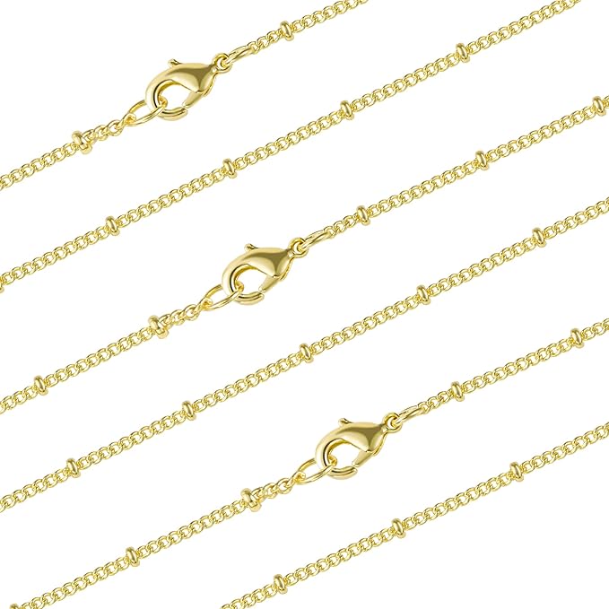 Wholesale 12PCS Gold Plated Solid Brass Satellite Beaded Ball Curb Thin Chain Necklace Bulk for Jewelry Making (16 Inch(1.5mm))