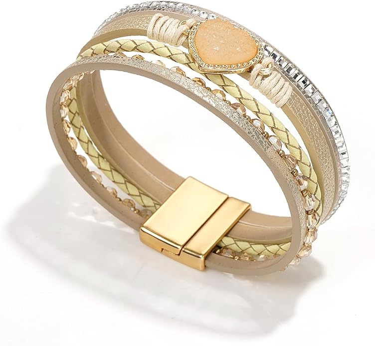 Suyi Multilayer Leather Wrap Bracelet Heart-Shape Wide Cuff Bracelets for Women