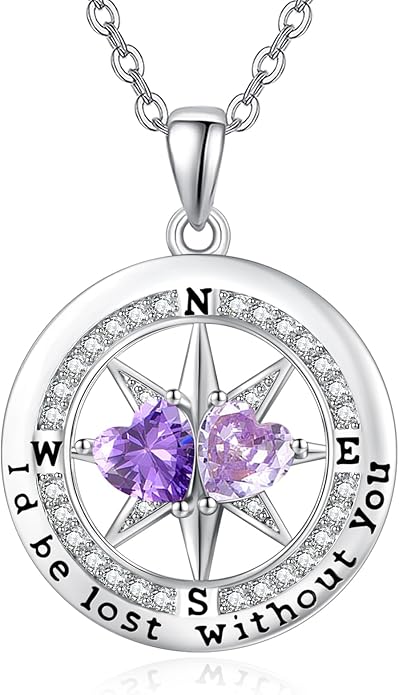 Compass Necklace for Women, Exquisite S925 Valentines Day Anniversary Birthday Gifts for Wife Her Double Birthstone Pendant Jewelry ‘I'd be Lost Without You’
