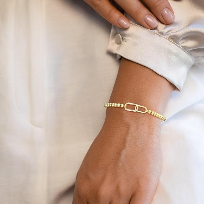 Gold Bracelets for Women 14K Gold Plated Bead Bracelet Hypoallergenic Stretch Bracelets for Women Elastic Bracelet Trendy Teen Gift Dainty Jewelry for Women