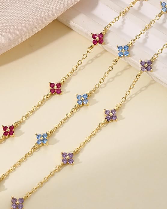 JSJOY Birthstone Bracelets for Women, 14K Gold Bracelets for Women Mom Gifts Birthday Valentines Day Gifts for Gf Dainty Flower Gift for Her Birthstone Bracelet Mothers Day Gift
