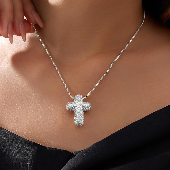 OGD Bubble Cross Necklace for Women 14k Gold Plated Cross Necklace Stackable Dainty Gold Necklace Mariner Chain Necklace CZ Cross Pendant Necklaces Set Simple Jewelry Gift