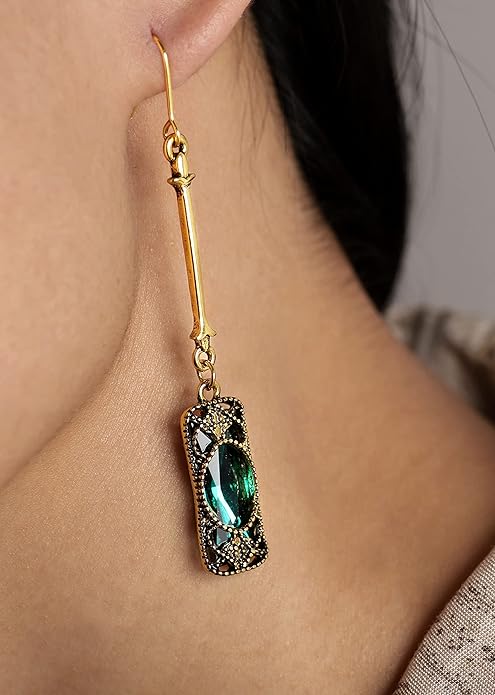 MINACHI Vintage Green Stone Created Emerald Dangle Earrings, Vintage Victorian Jewelry Gifts for Women