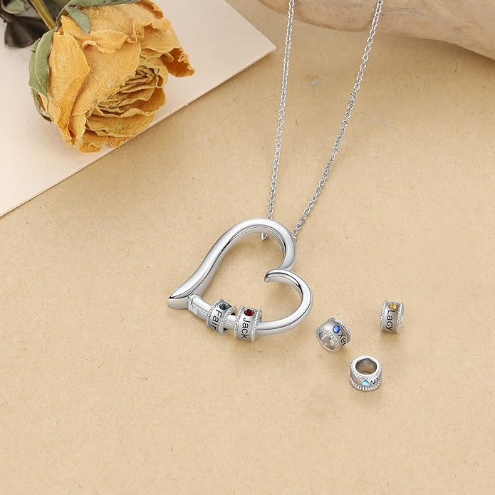 Personalized Women's Pendant Necklace 925 Sterling Silver with 1-5 Simulated Birthstone Names Customized Heart Shape Cubic Zirconia Necklace