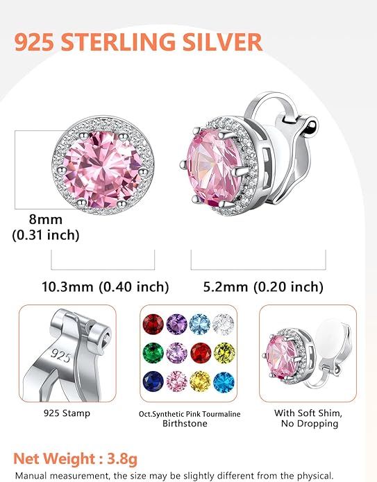 Silvora 925 Silver 8MM Cubic Zirconia Birthstone Clip On Stud Earrings Round Non Pierced Earrings For Women,Come with Box