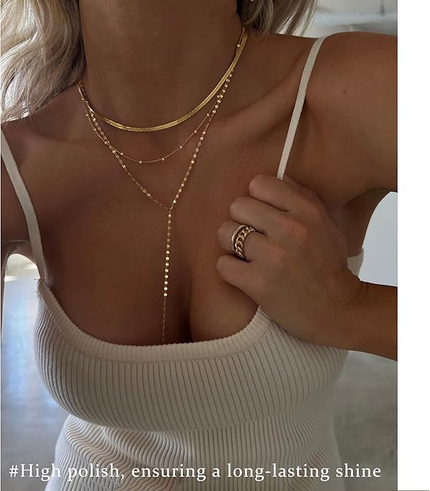 3PCS Gold Necklaces for Women,Chunky Statement Gold Plated Necklace Stack Layered Sterling Silver Herringbone Chains for Women Dainty Trendy Silver Chains Stacked Jewelry Gifts